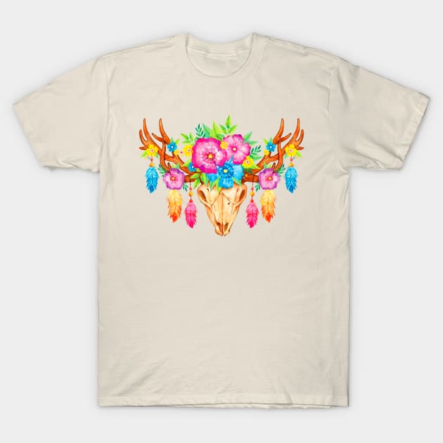 Feathers and Flowers Boho Skull T-Shirt by machmigo